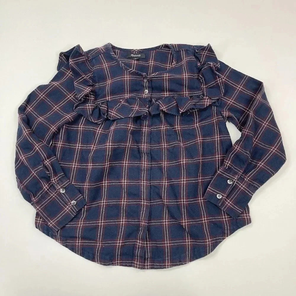 Madewell Navy Plaid Ruffle Yoke Blouse